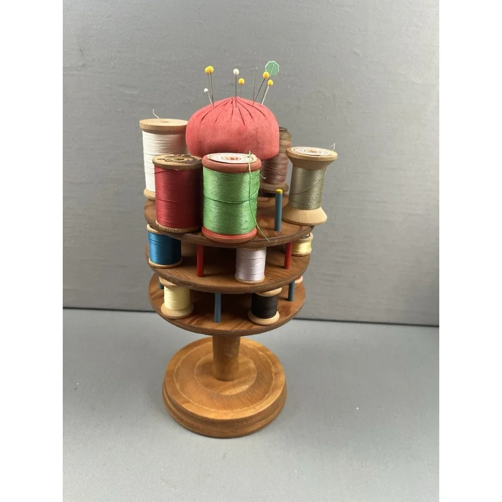 ANTIQUE Sewing THREAD Holder Caddy PIN CUSHION Wood Turned tiered 29 wood spools